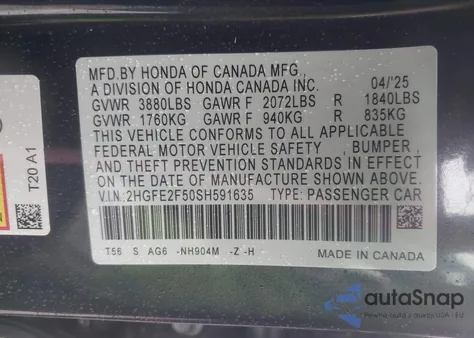 2025 Honda Civic Sport z USA, uszkodzony, nr VIN 2HGFE2F50SH591635